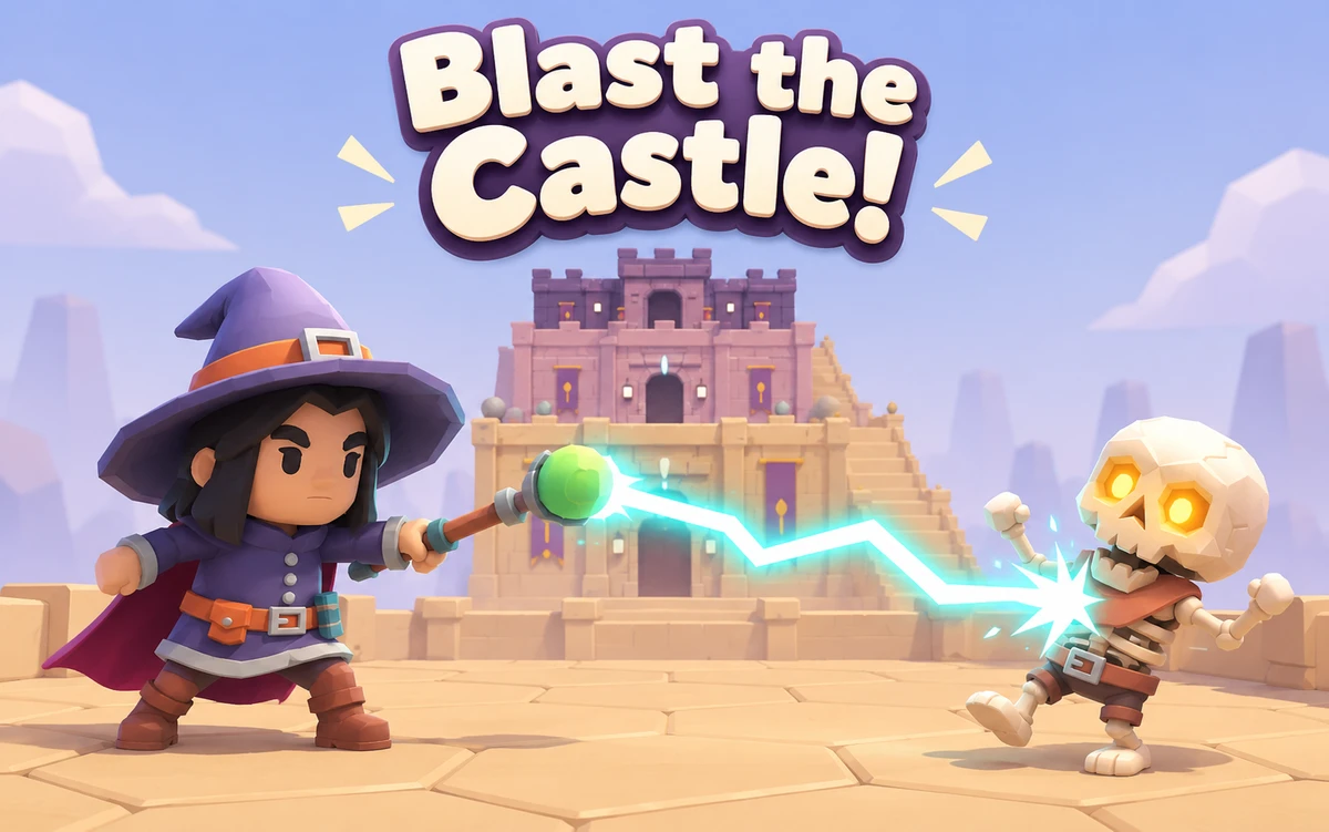 Blast the Castle! — a purple-hatted wizard zaps a skeleton with cyan lightning in front of the tiered castle