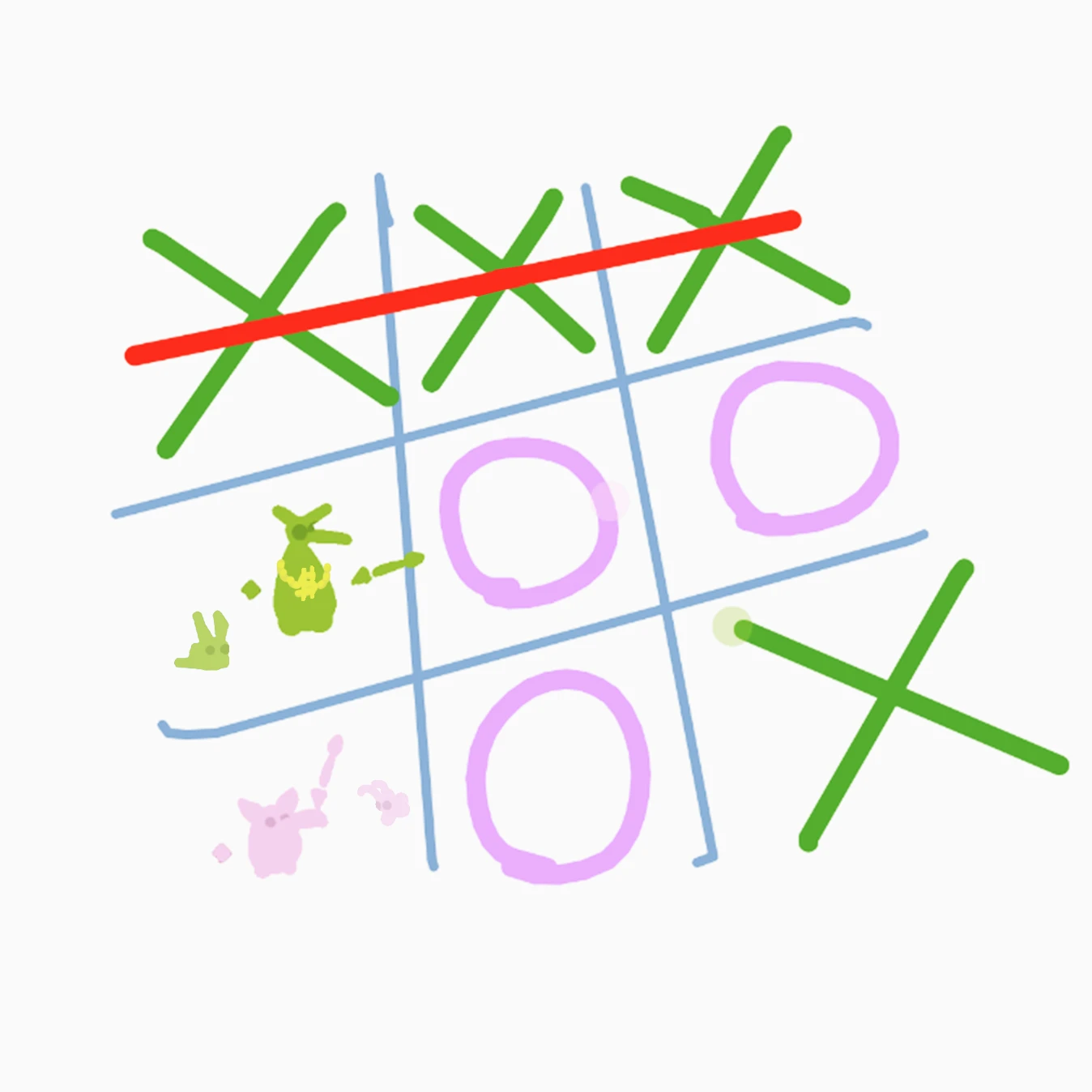 Little goblins around a hand-drawn tic-tac-toe board