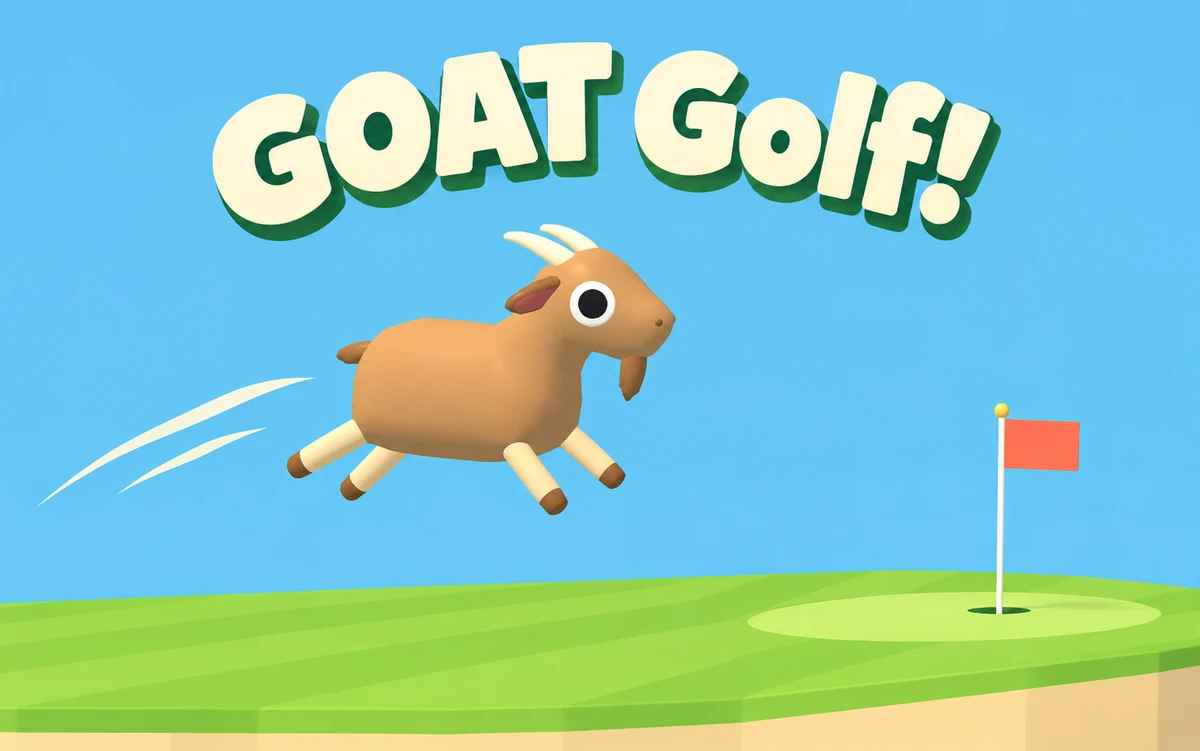 GOAT Golf! — the caramel-colored goat flies through a blue sky toward a coral flag on the green